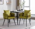 Pure Olive Modern Velvet Dining Chairs Set of 2 Hand Weaving Accent Chairs Living Room Chairs Upholstered Side Chair with Black Metal Legs for Dining