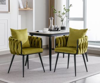 Pure Olive Modern Velvet Dining Chairs Set of 2 Hand Weaving Accent Chairs Living Room Chairs Upholstered Side Chair with Black Metal Legs for Dining