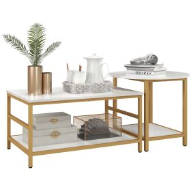 HOMCOM Coffee Tables Set of 2, 2-Rier Rectangle and Round Coffee Table with Storage Shelves, Faux Marble Top and Steel Frame