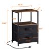 End Table with Charging Station, Nightstand with USB Port, Outlet and Fabric Bag, 2 Drawers & Open Storage Shelf Side Table