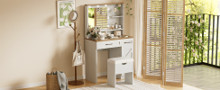 Farmhouse Makeup Vanity Desk with Mirror and Lights, 3 Lighting Modes, Vanity Set with Stool, Dressing Table with Adjustable Shelves