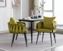 Pure Olive Modern Velvet Dining Chairs Set of 2 Hand Weaving Accent Chairs Living Room Chairs Upholstered Side Chair with Black Metal Legs for Dining