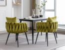 Pure Olive Modern Velvet Dining Chairs Set of 2 Hand Weaving Accent Chairs Living Room Chairs Upholstered Side Chair with Black Metal Legs for Dining