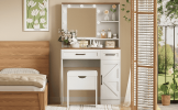 Farmhouse Makeup Vanity Desk with Mirror and Lights, 3 Lighting Modes, Vanity Set with Stool, Dressing Table with Adjustable Shelves