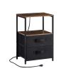 End Table with Charging Station, Nightstand with USB Port, Outlet and Fabric Bag, 2 Drawers & Open Storage Shelf Side Table