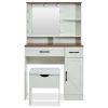 Farmhouse Makeup Vanity Desk with Mirror and Lights, 3 Lighting Modes, Vanity Set with Stool, Dressing Table with Adjustable Shelves