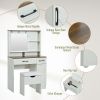 Farmhouse Makeup Vanity Desk with Mirror and Lights, 3 Lighting Modes, Vanity Set with Stool, Dressing Table with Adjustable Shelves