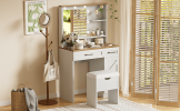 Farmhouse Makeup Vanity Desk with Mirror and Lights, 3 Lighting Modes, Vanity Set with Stool, Dressing Table with Adjustable Shelves