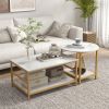 HOMCOM Coffee Tables Set of 2, 2-Rier Rectangle and Round Coffee Table with Storage Shelves, Faux Marble Top and Steel Frame