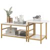 HOMCOM Coffee Tables Set of 2, 2-Rier Rectangle and Round Coffee Table with Storage Shelves, Faux Marble Top and Steel Frame