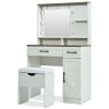 Farmhouse Makeup Vanity Desk with Mirror and Lights, 3 Lighting Modes, Vanity Set with Stool, Dressing Table with Adjustable Shelves