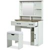 Farmhouse Makeup Vanity Desk with Mirror and Lights, 3 Lighting Modes, Vanity Set with Stool, Dressing Table with Adjustable Shelves