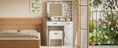 Farmhouse Makeup Vanity Desk with Mirror and Lights, 3 Lighting Modes, Vanity Set with Stool, Dressing Table with Adjustable Shelves