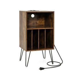 Side Tables with Storage Shelf and Charging Station (Color: Rustic Brown, Type: Side Table)