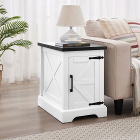 Farmhouse End table Nightstand Rectangular Farmhouse End Table with Barn Door and Adjustable Storage Shelf, Rustic Sofa Side Table for Living Room (Color: White, Material: MDF)